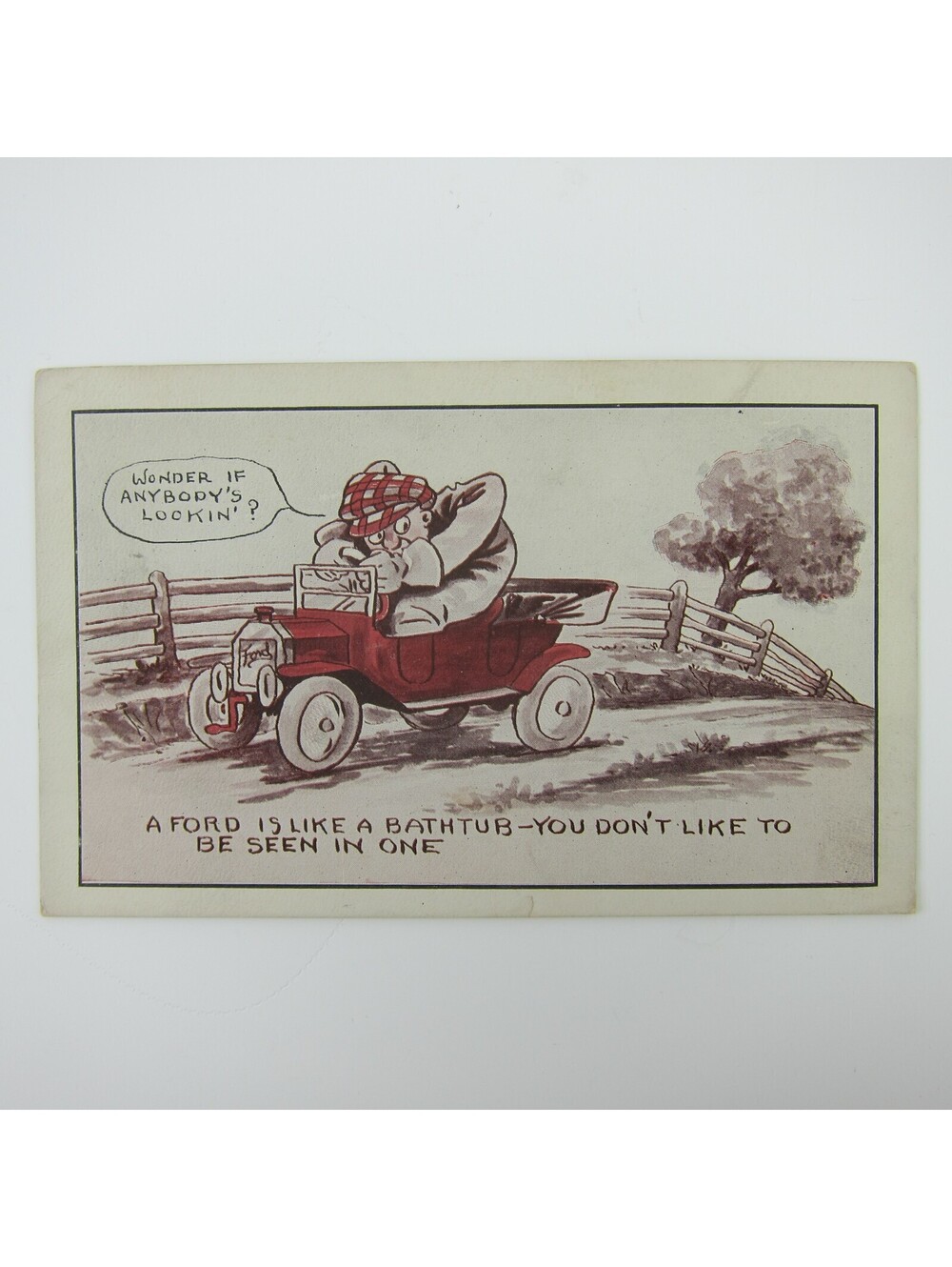 Antique Postcard Comic Humor Man Hides Driving Ford Automobile Like Bathtub